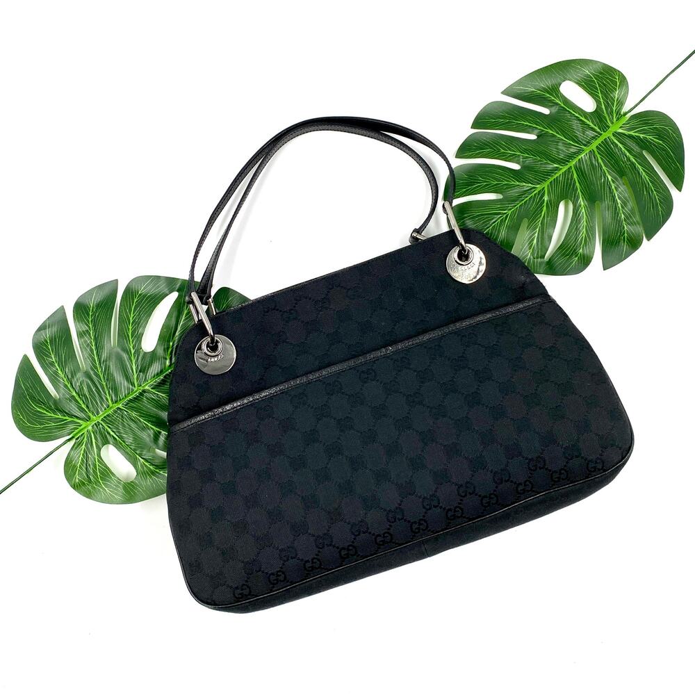 Gucci GG Monogram Eclipse Tote Bag Cloth Canvas Leather Trim Black Y2K Purse